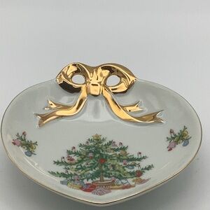 Vintage Lefton Heart Shaped Holiday Candy Dish with Gold Bow